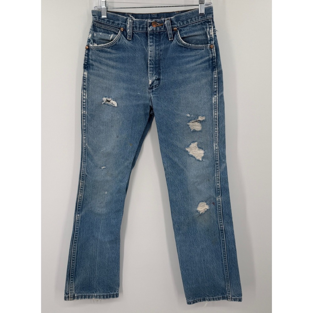 Wrangler 936DEN Slim Fit Cowboy Cut Jeans Blue Distressed Vintage 30x30 Mens